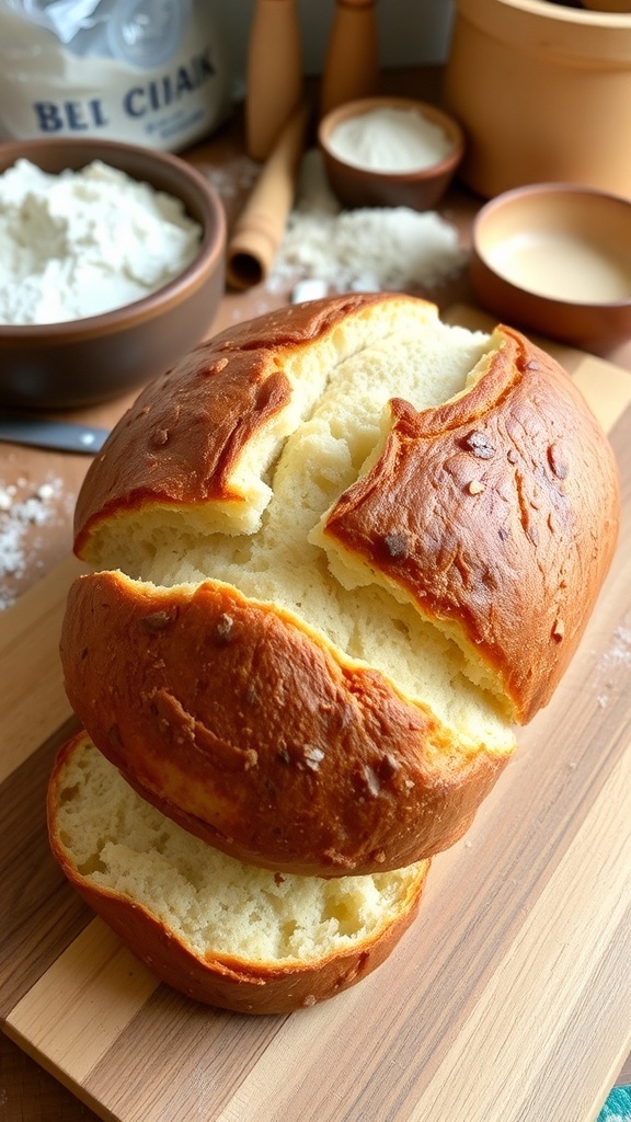 Quick and Easy Dutch Oven Bread Recipe A golden-brown loaf of Dutch oven bread on a cutting board, with slices revealing a soft interior.